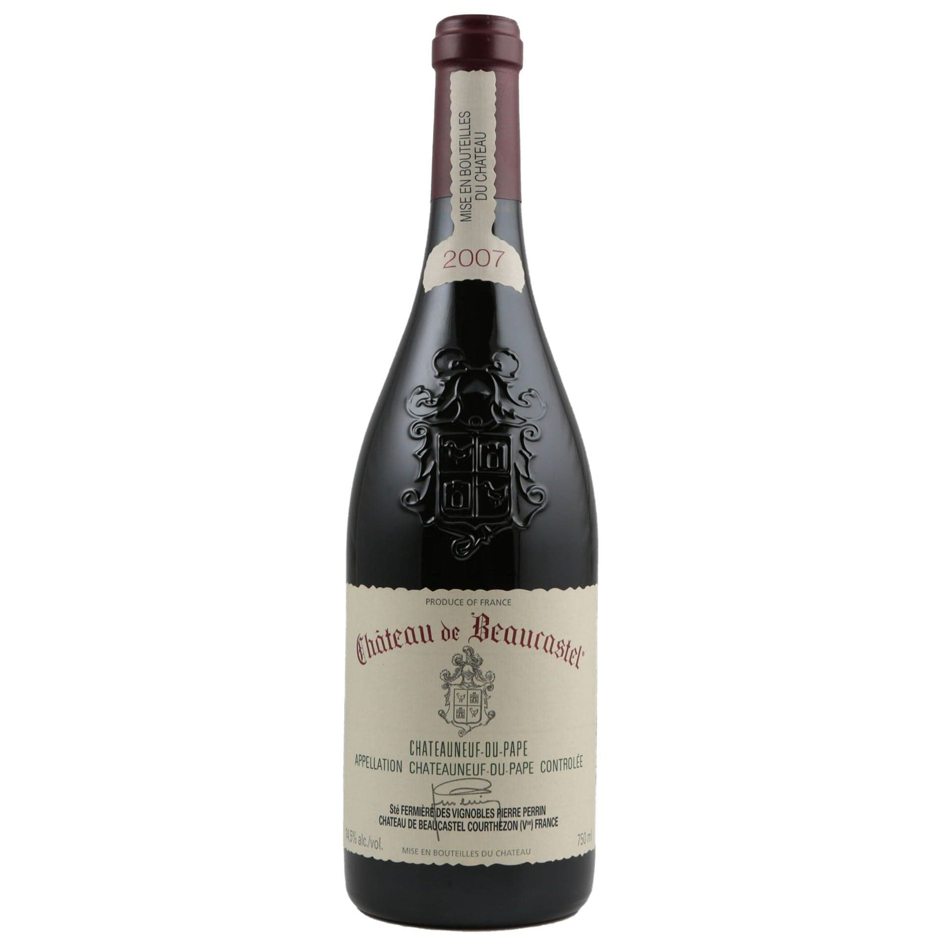 Single bottle of Red wine Chateau de Beaucastel, Chateauneuf du Pape, 2007 30% Grenache, 30% Mourvedre, 10% Syrah, 10% Counoise, 5% Cinsault & 15% Other